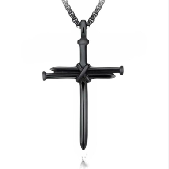 NEW - 3 NAILS CROSS PENDANT ZINC ALLOY NECKLACE - BLACK 24 INCH - Picture 1 of 3